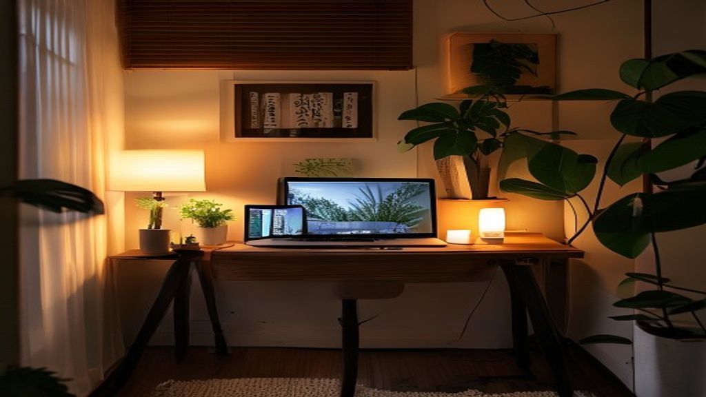 [本文IMAGE_4] cozy japanese home office corner with a standing desk, green plant, warm desk lamp glowing, laptop closed re