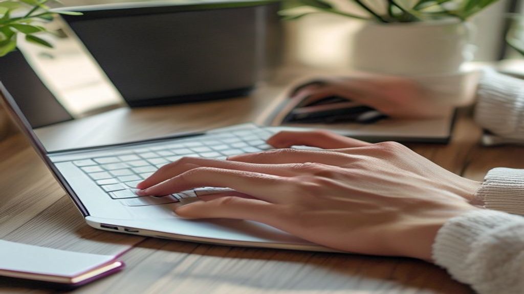 [本文IMAGE_2] close-up of hands typing on laptop keyboard with notebook and pen beside, japanese minimalist workspace, nat