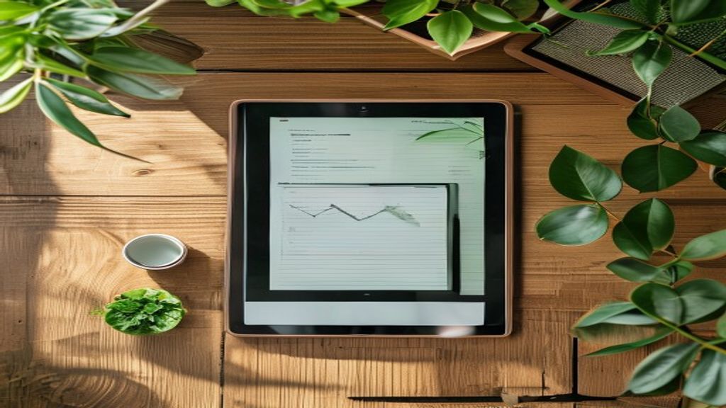 [本文IMAGE_3] comparison chart on tablet screen placed on wooden desk, japanese style room background, green plant in corn
