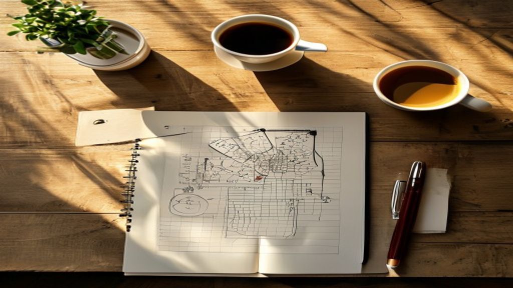 [本文IMAGE_2] overhead view of notebook with handwritten mind map about monetization, pen and coffee cup, warm morning lig