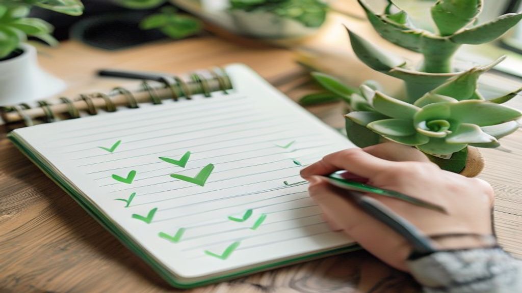 [本文IMAGE_4] hand writing checklist in notebook, green checkmarks visible, minimal desk with small succulent plant, brigh