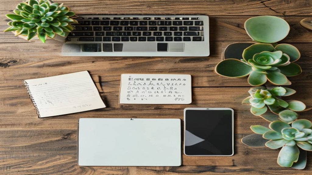 [本文IMAGE_2] overhead flat lay of laptop keyboard, smartphone, notebook with handwritten notes, succulent plant on wooden