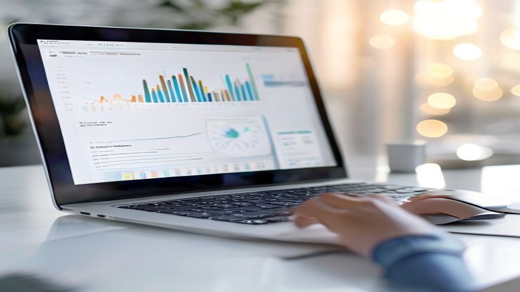 [本文IMAGE_3] comparison chart visualization concept with laptop screen showing graphs and data, modern workspace with key