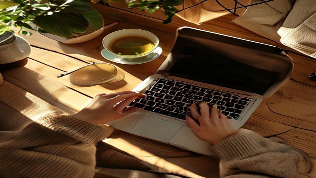 [本文IMAGE_4] hands typing on laptop keyboard from above angle, cozy japanese home office setting, warm afternoon light, c