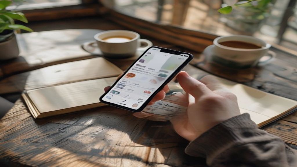 [本文IMAGE_2] 'hand holding smartphone displaying social media app, coffee cup and notebook on wooden table, japanese cafe