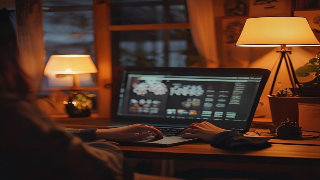 [本文IMAGE_4] 'person typing on laptop keyboard from behind, cozy japanese home office environment, desk lamp glowing warm