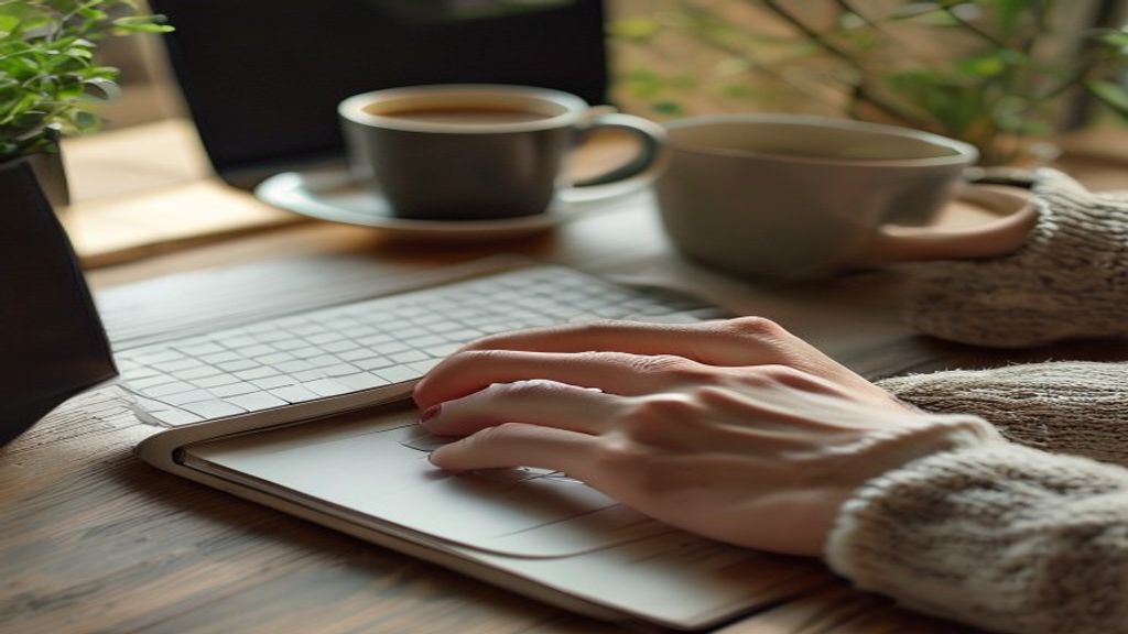 [本文IMAGE_2] 'close-up of hands typing on keyboard with notebook and coffee cup beside laptop, japanese minimalist worksp