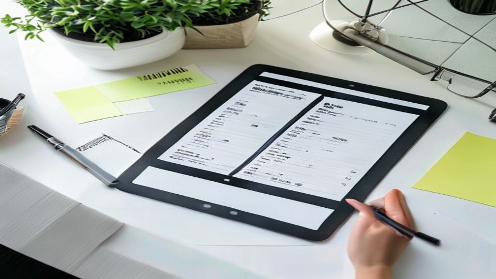 [本文IMAGE_3] 'comparison chart and checklist on tablet screen placed on clean white desk, pen and sticky notes nearby, ja