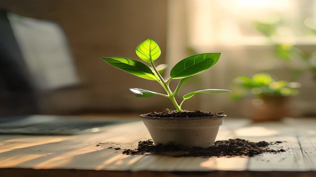 [本文IMAGE_4] 'single green plant sprout growing from soil in small pot on wooden desk near laptop, symbolizing growth and