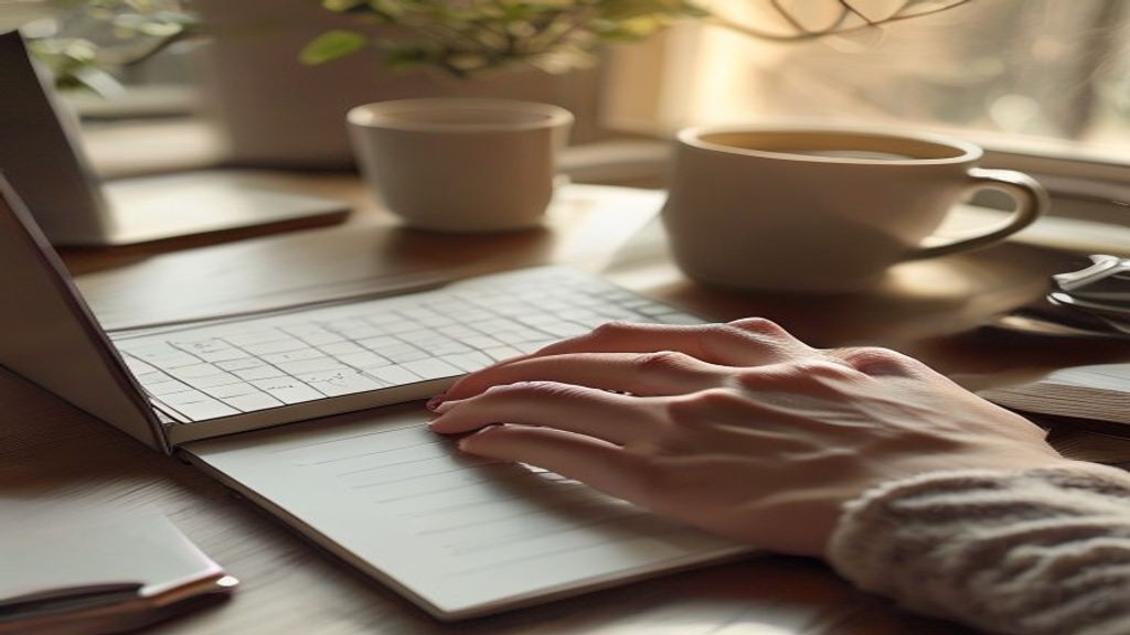[本文IMAGE_2] close-up of hands typing on laptop keyboard, notebook with handwritten notes beside, coffee cup, japanese mi