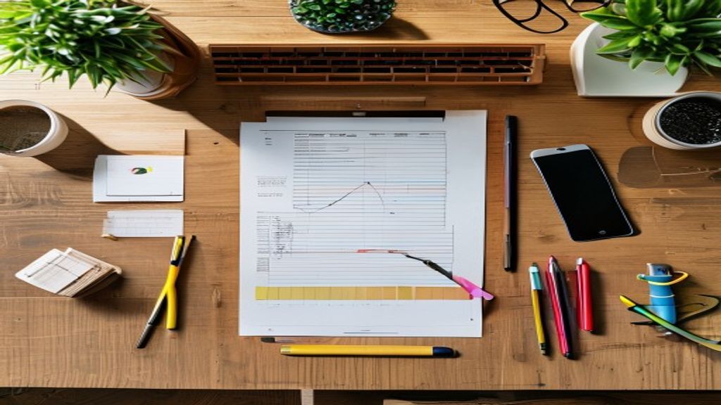 [本文IMAGE_3] overhead view of wooden desk with comparison chart printed on paper, highlighter pens, smartphone showing an