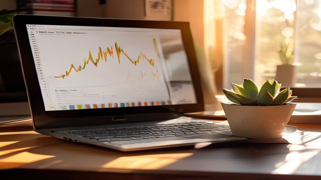 [本文IMAGE_4] laptop screen showing upward trending graph, small succulent plant beside keyboard, japanese home office cor