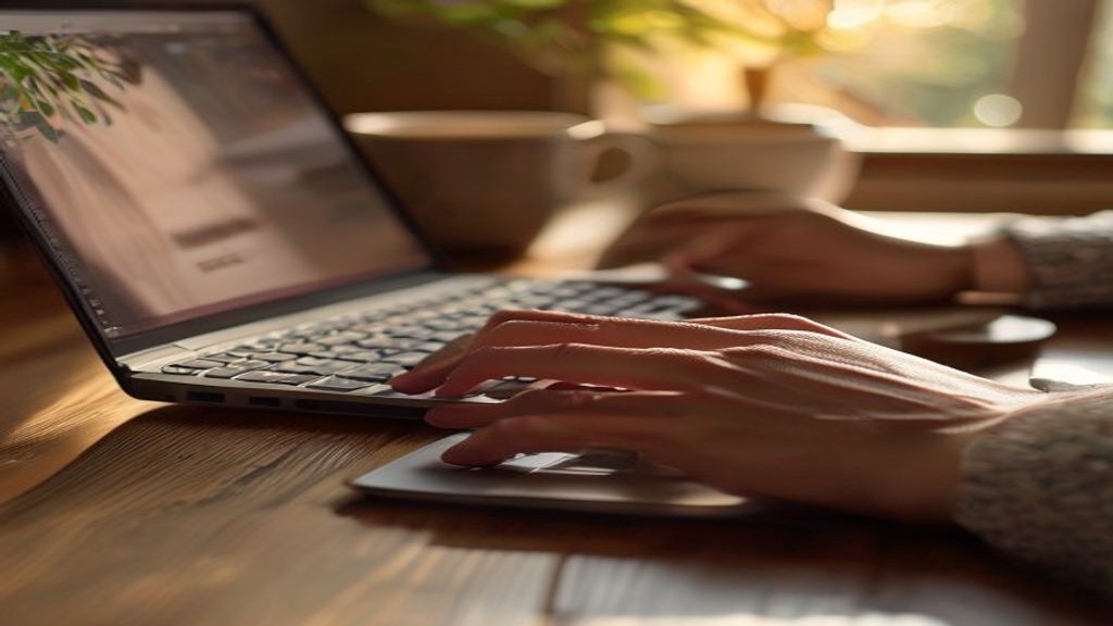 [本文IMAGE_2] 'close up of hands typing on keyboard with laptop screen glowing, japanese style wooden desk, morning coffee