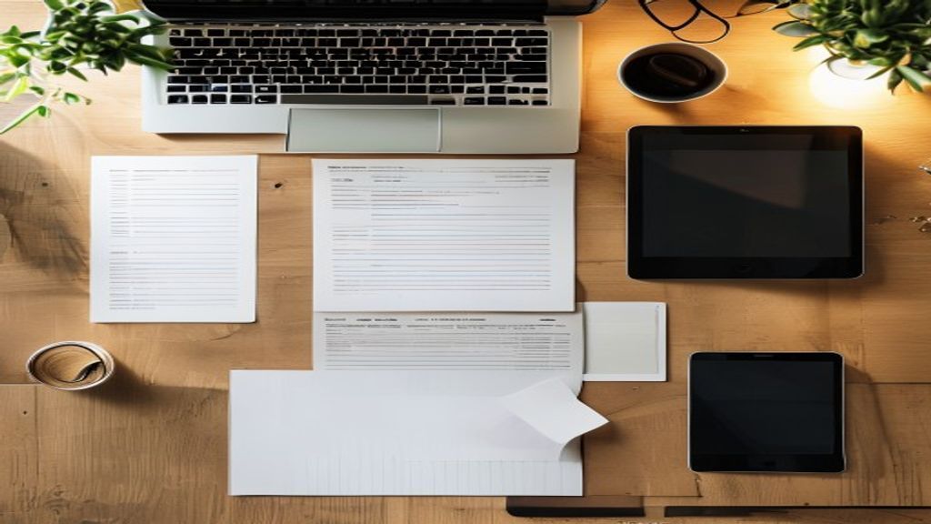 [本文IMAGE_3] 'comparison chart on paper documents spread on desk, laptop and tablet nearby, japanese minimalist workspace