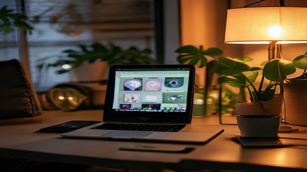 [本文IMAGE_4] smartphone and laptop on desk showing social media and blog screens, green plant in background, japanese min