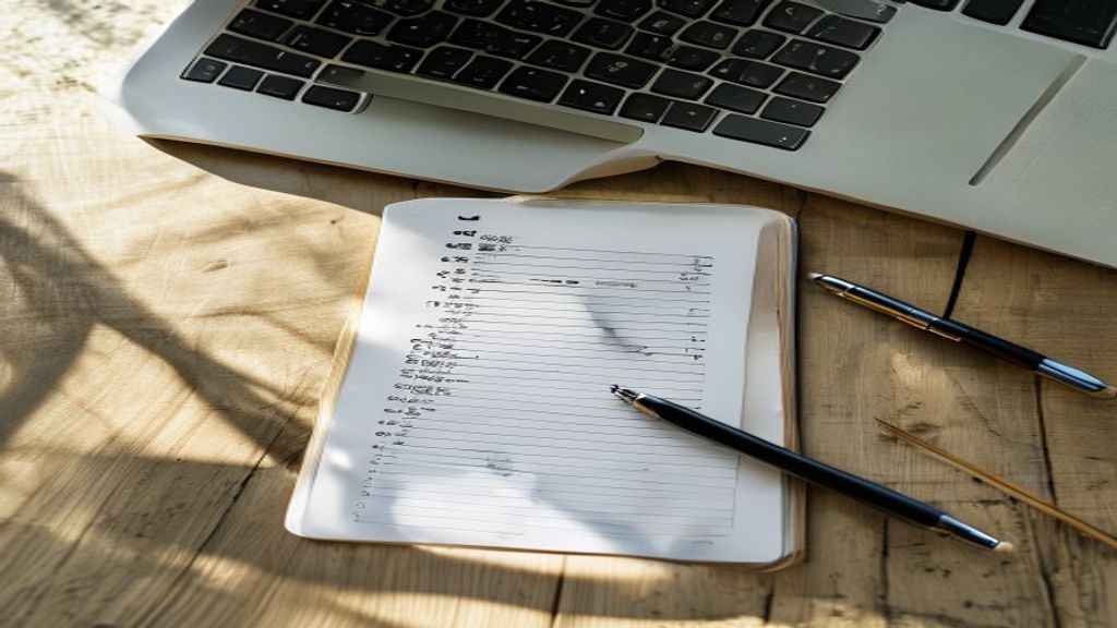 [本文IMAGE_2] overhead view of notebook with handwritten checklist and pen, laptop keyboard partially visible, japanese mi