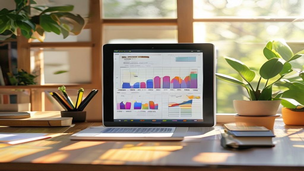 [本文IMAGE_3] comparison chart on tablet screen with colorful graphs, japanese style workspace background, soft natural li