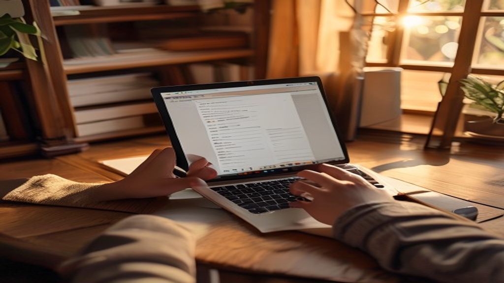 [本文IMAGE_4] person hands typing on laptop keyboard, screen showing document editor, cozy japanese home office environmen