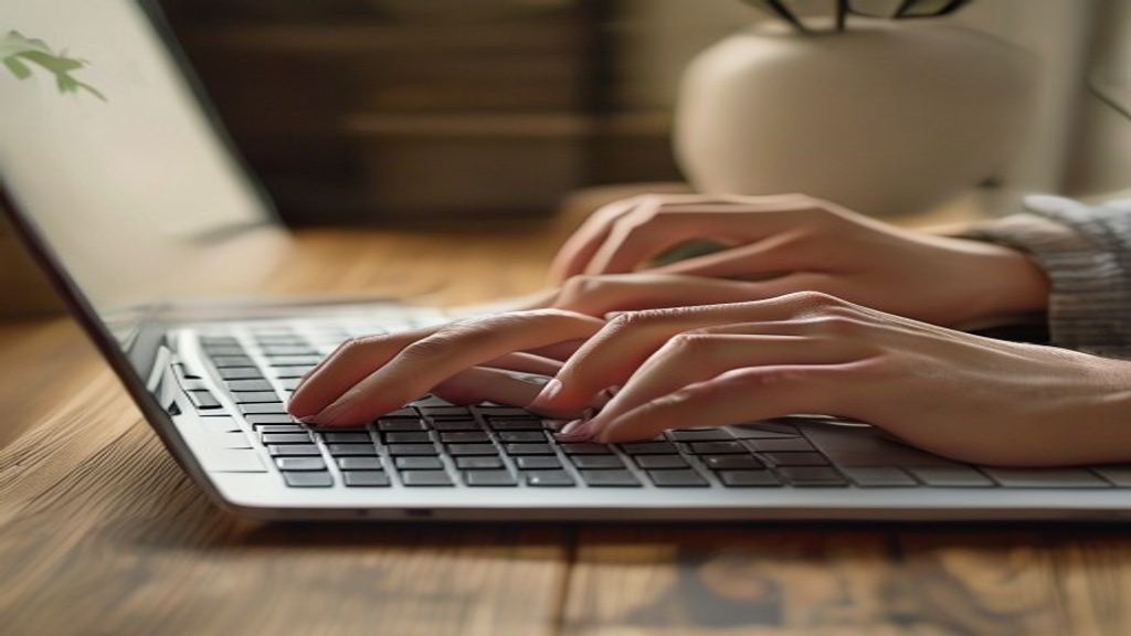 [本文IMAGE_2] 'person's hands typing on laptop keyboard at wooden desk, japanese minimalist style room, soft natural light