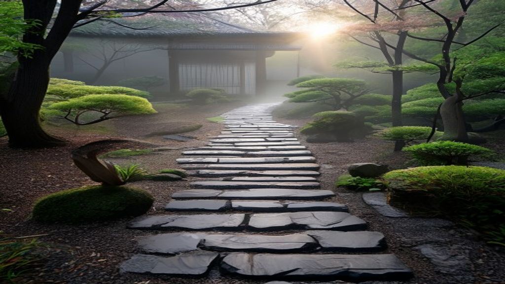 [本文IMAGE_4] 'stepping stone path in japanese garden leading forward, symbolic of first step journey, morning mist, peace