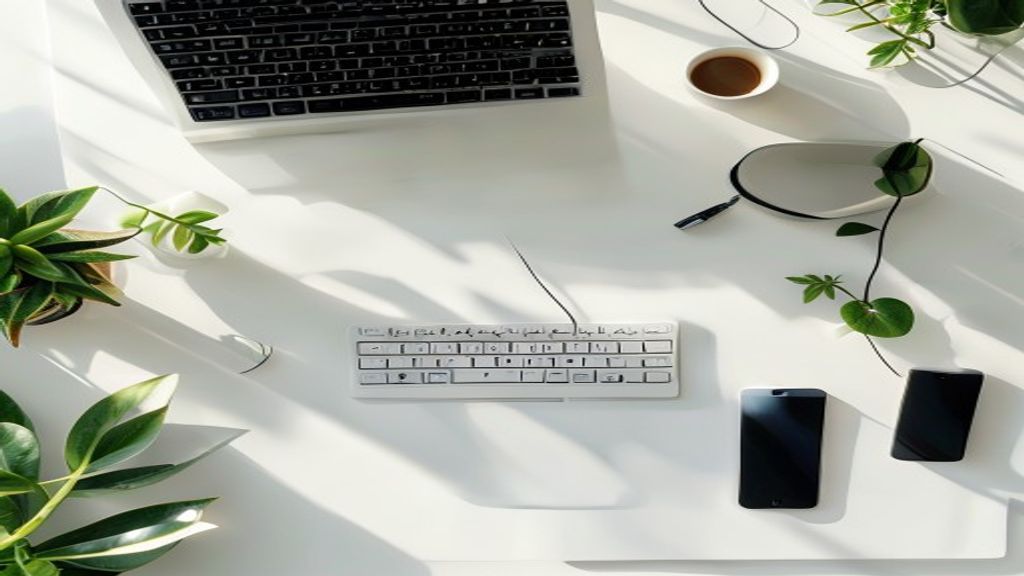 [本文IMAGE_2] overhead flat lay of japanese workspace with laptop keyboard, smartphone, wireless earbuds, coffee cup and s