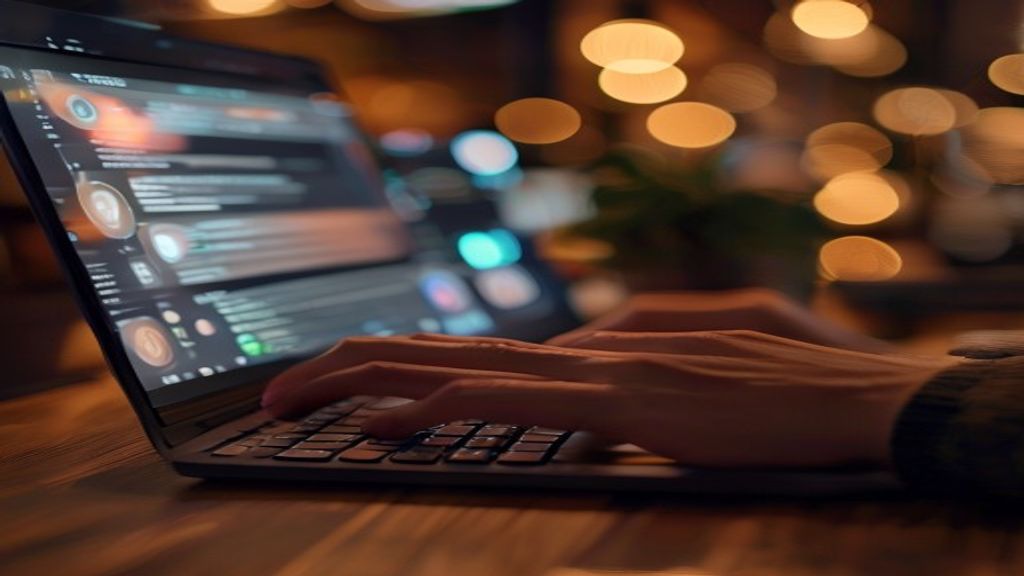 [本文IMAGE_3] close-up of hands typing on macbook keyboard with blurred AI chatbot interface on screen, modern japanese ca