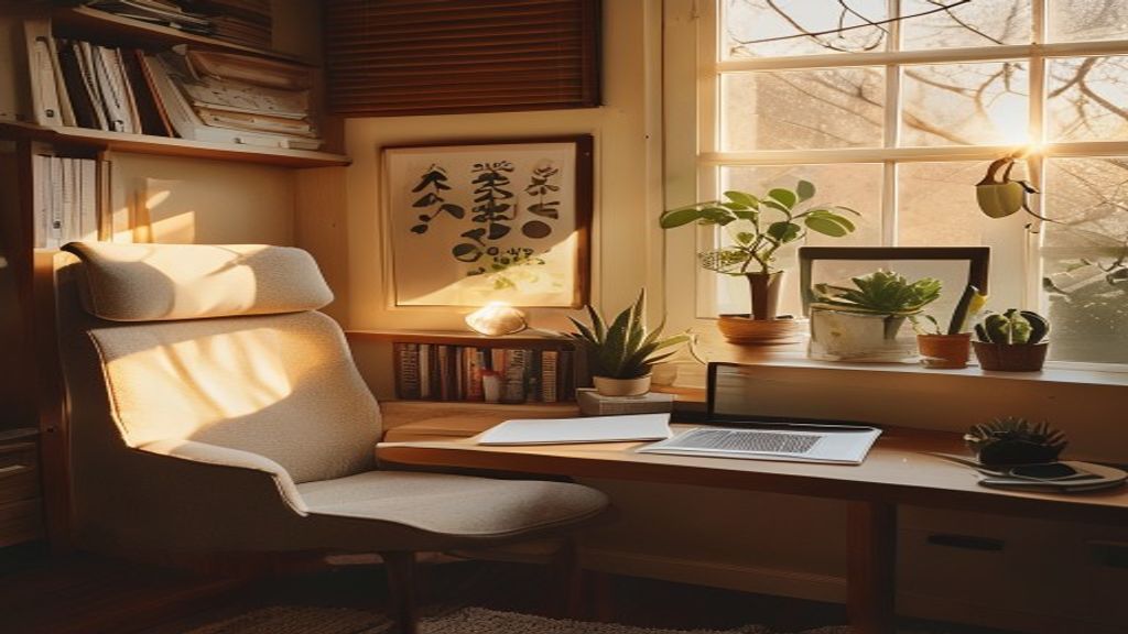 [本文IMAGE_4] cozy japanese home office corner at golden hour, comfortable chair, organized desk with closed laptop, small