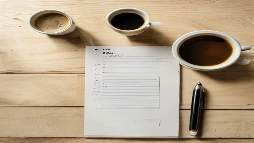 [本文IMAGE_2] overhead view of notebook with handwritten checklist, pen, coffee cup and smartphone on light wooden table, 