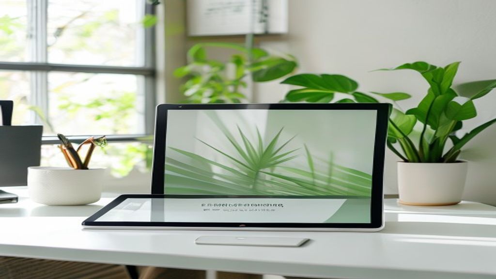 [本文IMAGE_3] comparison chart on tablet screen placed on clean white desk, green plant in background, modern japanese wor