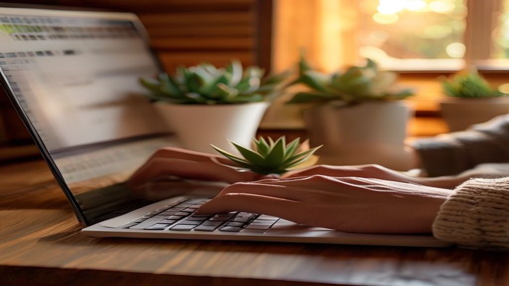 [本文IMAGE_4] hands typing on laptop keyboard in cozy japanese home office setting, motivational workspace with small succ