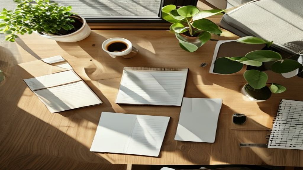 [本文IMAGE_2] overhead view of organized workspace with notebook, tablet, coffee cup, and small plant, japanese minimalist