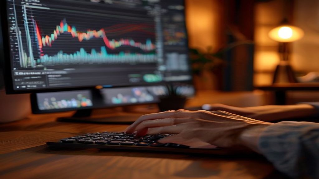 [本文IMAGE_3] close-up of hands typing on keyboard with blurred monitor showing charts and graphs in background, modern ho