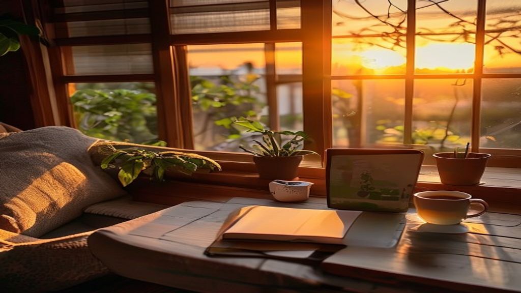 [本文IMAGE_4] cozy japanese home office corner with laptop closed, notebook with pen, cup of green tea, sunset light throu