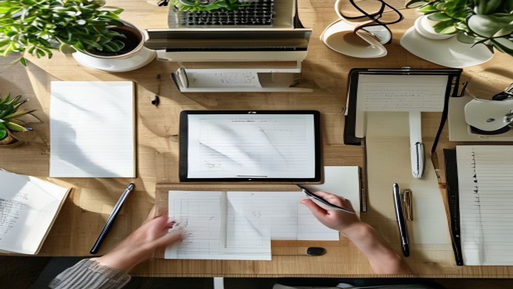 [本文IMAGE_2] overhead view of japanese workspace with tablet, stylus pen, notebook with handwritten notes about content p