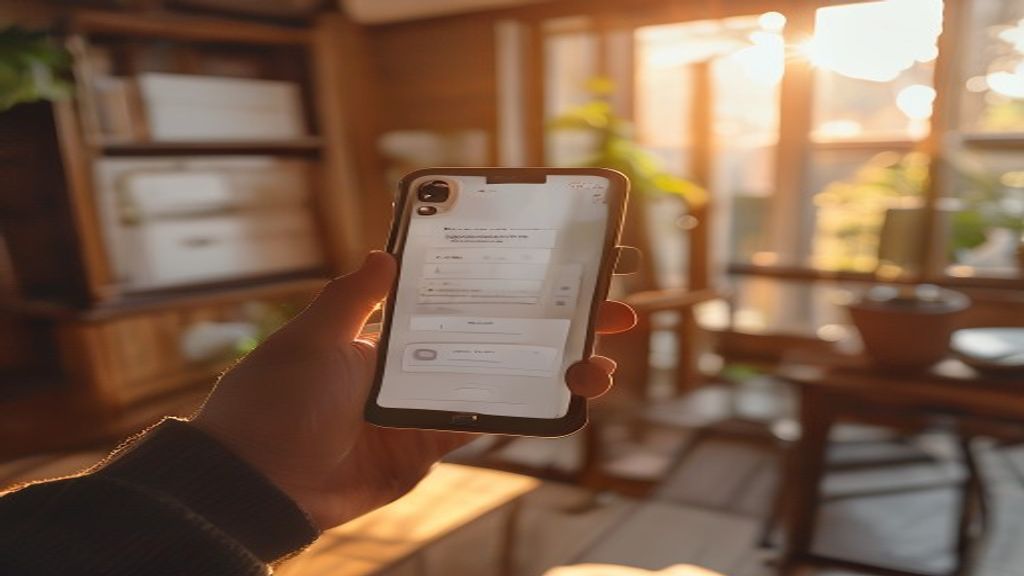 [本文IMAGE_4] hand holding smartphone showing success notification, blurred japanese home office background, morning sunli