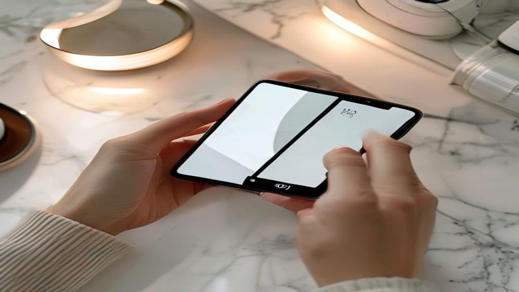 [本文IMAGE_2] hands holding smartphone taking photo of skincare products on white marble surface, ring light reflection, j