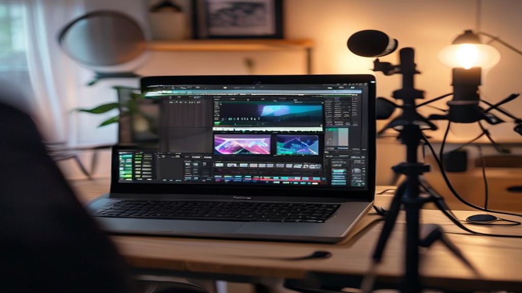 [本文IMAGE_3] laptop screen showing video editing software interface, desk with tripod and microphone in background, japan