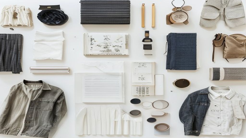[本文IMAGE_2] flat lay of various resale items including clothes books and accessories on white background, minimalist jap