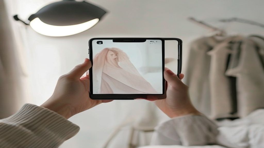 [本文IMAGE_3] hands holding smartphone taking photo of clothing item on white background, home studio setup with ring ligh
