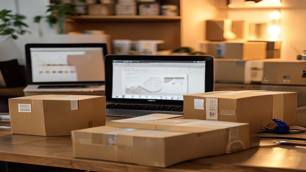 [本文IMAGE_4] shipping supplies and cardboard boxes neatly arranged on desk, tape dispenser and scissors visible, laptop i