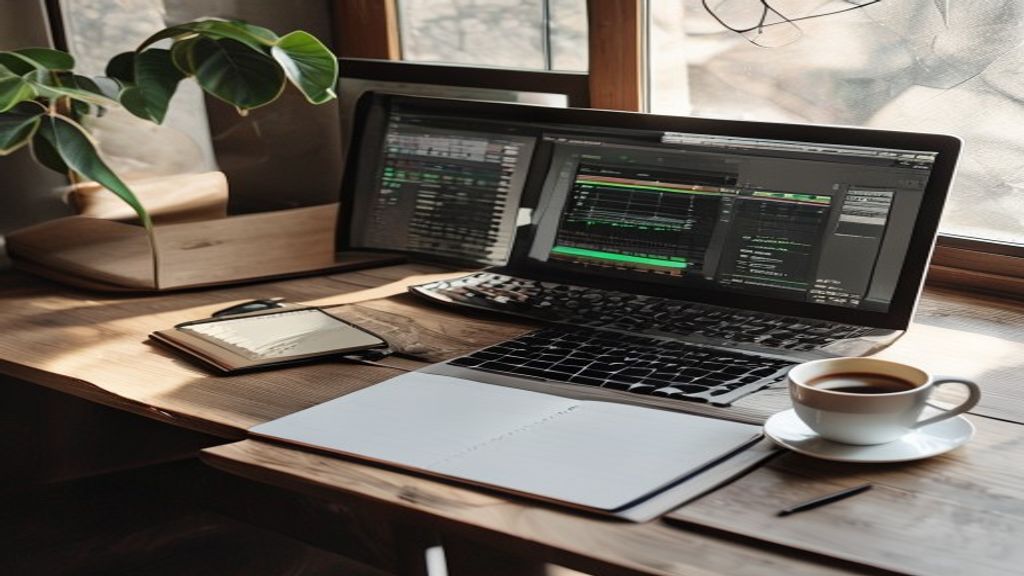 [本文IMAGE_2] minimalist workspace with notebook and pen, laptop showing music production software interface, coffee cup, 