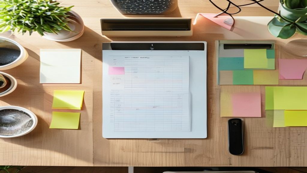 [本文IMAGE_3] overhead view of desk with comparison chart paper, colorful sticky notes, tablet device, organized workspace
