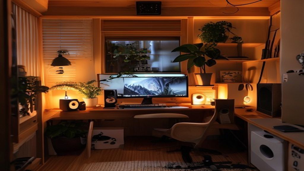 [本文IMAGE_4] cozy japanese home office corner with small speakers, plant decoration, warm evening lighting, computer desk