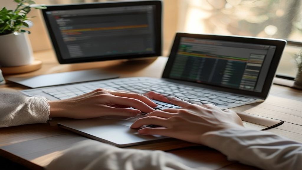 [本文IMAGE_2] close-up of hands typing on laptop keyboard with terminal window visible on screen, soft natural light from 