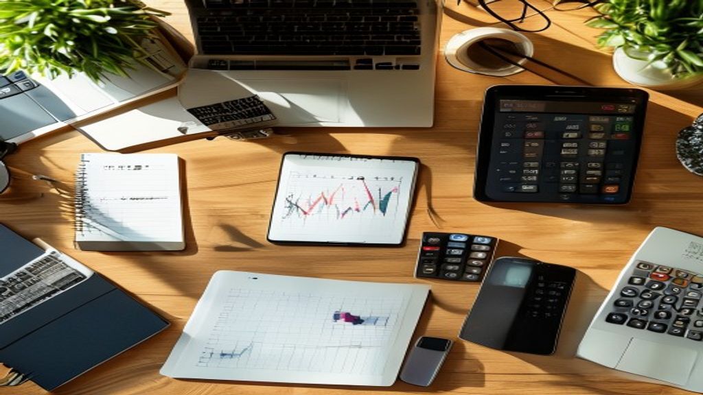 [本文IMAGE_3] overhead flat lay of japanese workspace with smartphone showing charts, calculator, notebook with bullet poi