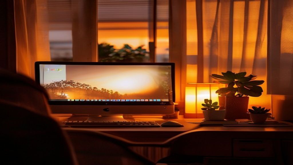 [本文IMAGE_4] cozy japanese home office corner at sunset, computer screen glowing softly, small succulent plant on desk, w