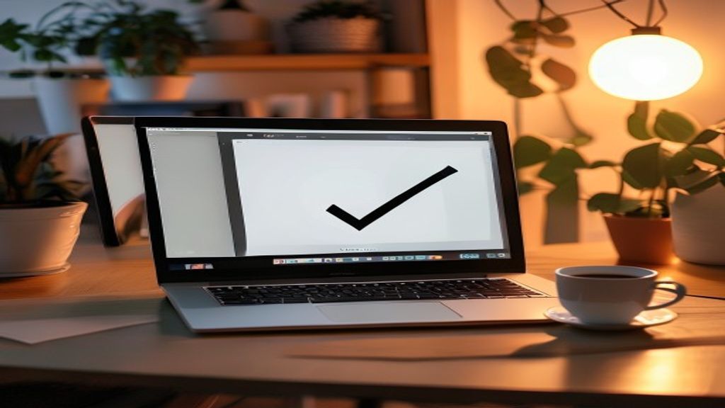 [本文IMAGE_4] laptop with checkmark success screen concept, japanese home office with plant decoration, accomplished task 