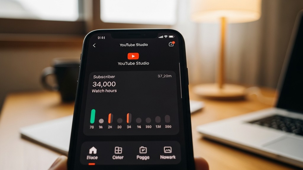 [本文IMAGE_2] 'close up of smartphone screen showing youtube studio app with subscriber count and watch hours metrics, woo