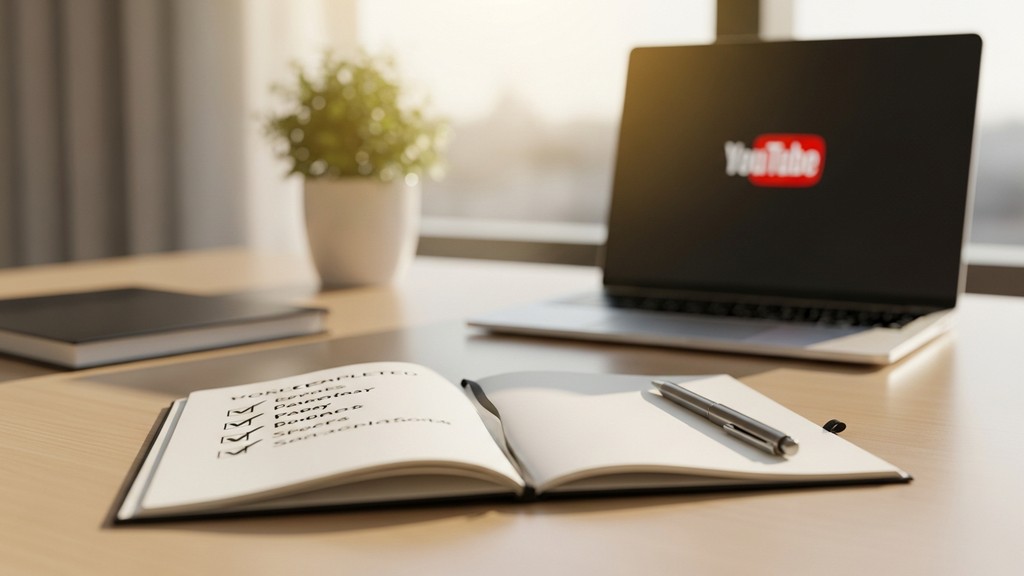 [本文IMAGE_4] 'notebook with handwritten checklist and checkmarks, pen beside, laptop in background showing youtube logo b