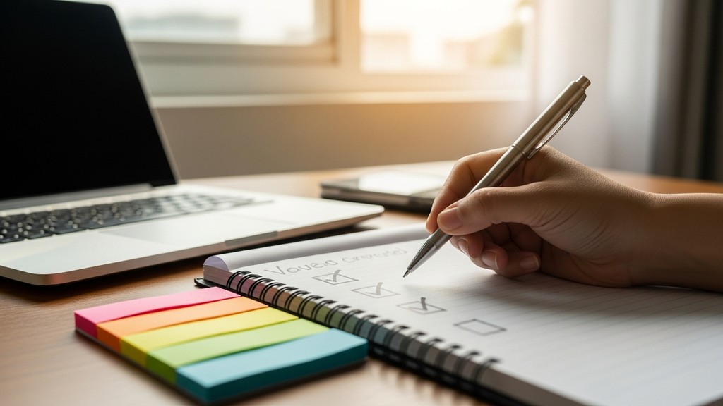 [本文IMAGE_4] notebook with handwritten checklist and colorful sticky notes, pen and laptop partially visible, bright morn